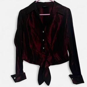 David Meister Deep Burgundy Satin Button Down Shirt